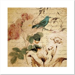 modern vintage rose bird paris french botanical floral art Posters and Art